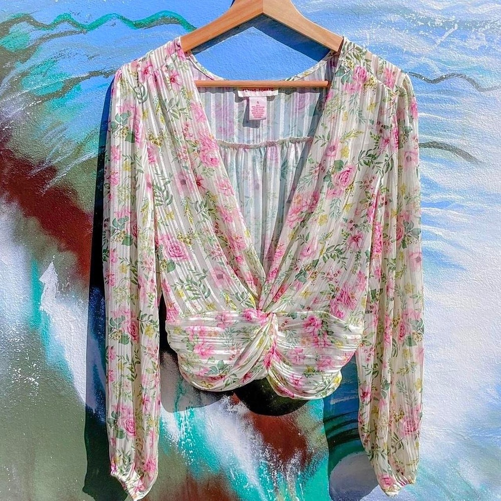 Y2K flying tomato floral blouse w/ ballon long sleeve & smock back